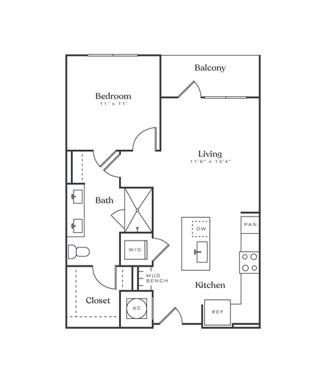 Floor plan for 1 bed, 1 bath, 717 sqft
